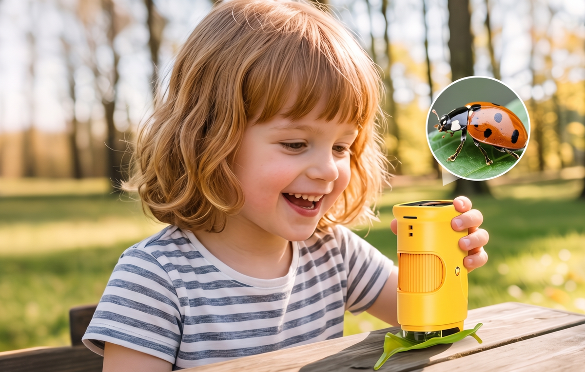 Child holding a yellow (magnifier) with a inset of a ladybug in a park setting